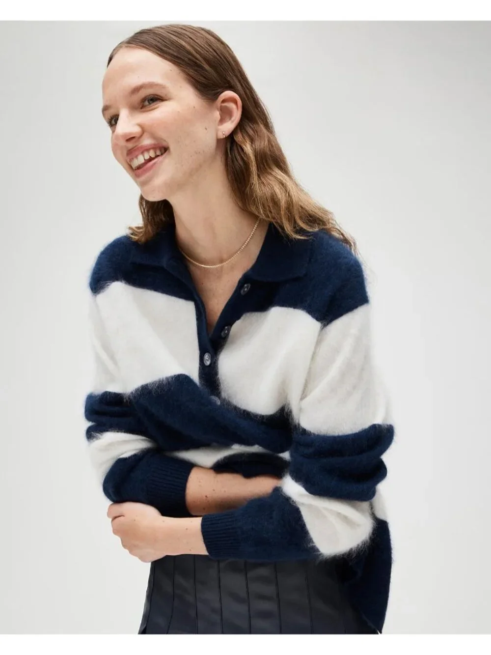 NWT J.Crew Brushed Cashmere Rugby Sweater in  Navy Snow Stripe Henley Polo L